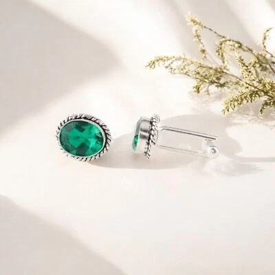 Chrome Diopside Gemstone 925 Sterling Silver Jewelry Statement Men's Cufflinks - Image 1 of 4