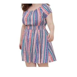Mini Lenny Smocked Off-Shoulder Dress- vertical stripes Torrid Size 3 floral - Picture 1 of 9