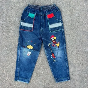 Vintage 80s kids pop art embroidered patchwork mouse clown jeans baggies Size 6? - Picture 1 of 3
