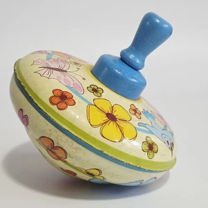 Kreisel Spielzeug Vintage Ohio Kunst Blech Litho blaue Blumen Vögel Schmetterlinge 5 Zoll  - Bild 1 von 10