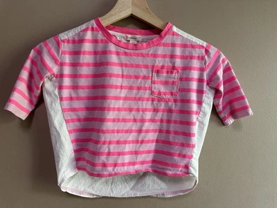 Crewcuts J. Crew Girls Pink Stripe Contrast White Top Shirt Sz 4-5 Cotton Blend - Image 1 of 4