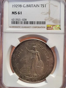 1929 B China Hong Kong UK Great Britain Trade Dollar Silver NGC MS61 - Picture 1 of 4