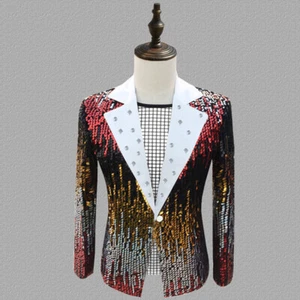 Giacca tuta uomo multicolore paillettes monopetto smoking cappotto danza spettacolo lucido - Foto 1 di 13