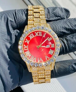 Reloj de hielo redondo personalizado totalmente helado con esfera roja helada helada helado circonio circular dorado 14k - Imagen 1 de 8