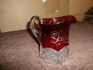 1911 Souvenir Glass Clear & Burgundy Cream Pitcher: LILLIE TO MOTHER on it - Picture 1 of 6