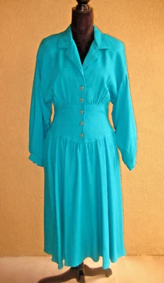 Vestido midi vintage Secrets años 80 rayón/lino verde kelly ajuste/botón acampanado delantero 6 Foto 1 de 4