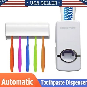 Automatic Toothpaste Dispenser and 5 Toothbrush Holder Set Wall Mount Stand - Picture 1 of 13
