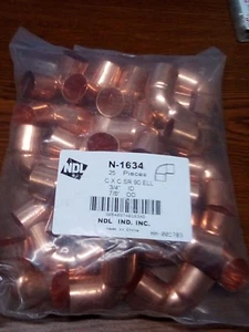 Bag of 25  ~ 3/4" ID 7/8'' OD Copper Fitting 90 Sweat Elbow CxC SR 90 ELL N-1634 - Picture 1 of 2