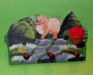 LEASH / COAT HANGER Hand painted artwork of POMERANIAN DOG in colorful backyard - Picture 1 of 5