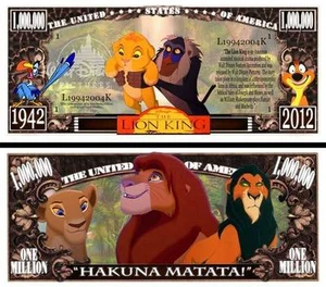 LE ROI LION BILLET 1 MILLION DOLLAR US! Collection dessin animé Walt Disney King - Photo 1/1