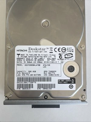 500 GB IDE FESTPLATTE HITACHI DESKSTAR HDS725050KLAT80 3,5 ZOLL 7200RPM  #FP3006 - Bild 1 von 3