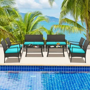 8PCS Patio Rattan PE Wicker Furniture Conversation Set w/ Sofa Chair & Table - Picture 1 of 10