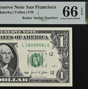 2021 $1 Federal Reserve Note PMG 66EPQ Fancy Radar Serial Number 18099081 - Picture 1 of 3