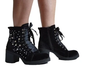 Madden Girl Veera Velvet Embellished Black Combat Booties - Picture 1 of 15