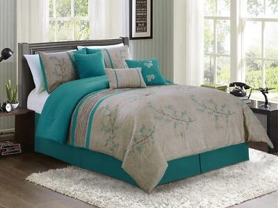 Chezmoi Collection 7-piece Teal Cherry Blossoms Floral Embroidery Comforter Set - Image 1 of 4
