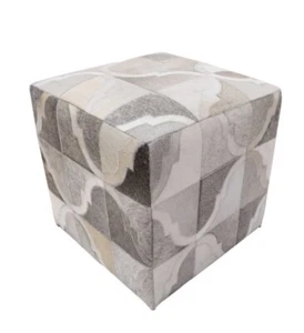 Hot Item ! Geometric Hide Pouf Braxton, Grey (18"x18"x18") Vanity Stool Handmade - Picture 1 of 5