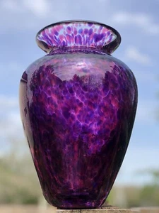 2002 Purple Spotted Hand Blown Glass Vase 9 Lb Signed 10” - Picture 1 of 12
