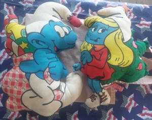 Rare Christmas Smurf & Smurfette Hand Sewn Plush Pillow Collectors  17in 1982 - Picture 1 of 18