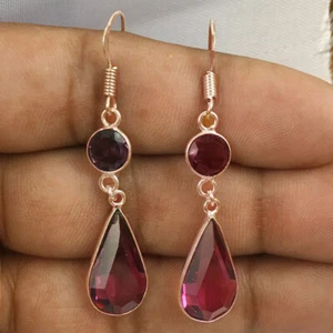 925 Sterling Silver Ruby & Amethyst Gold / Rose Plated Earrings Gift - Picture 1 of 9