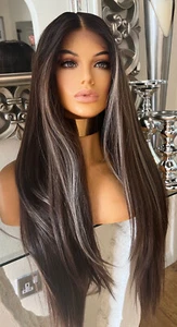 human hair blend lace front wig brown blonde highlighted lace front centre part - Picture 1 of 21