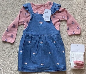 Brand New Mothercare Dungaree Set + Tights 6-9 Months Girl Blue/Pink With Tags - Picture 1 of 4