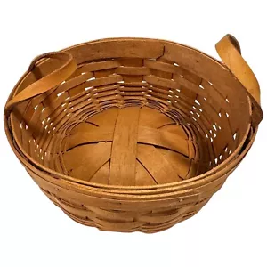Vtg 1989 Longaberger Basket 10" Round Darning Basket W/ Leather Handles Signed - Picture 1 of 11