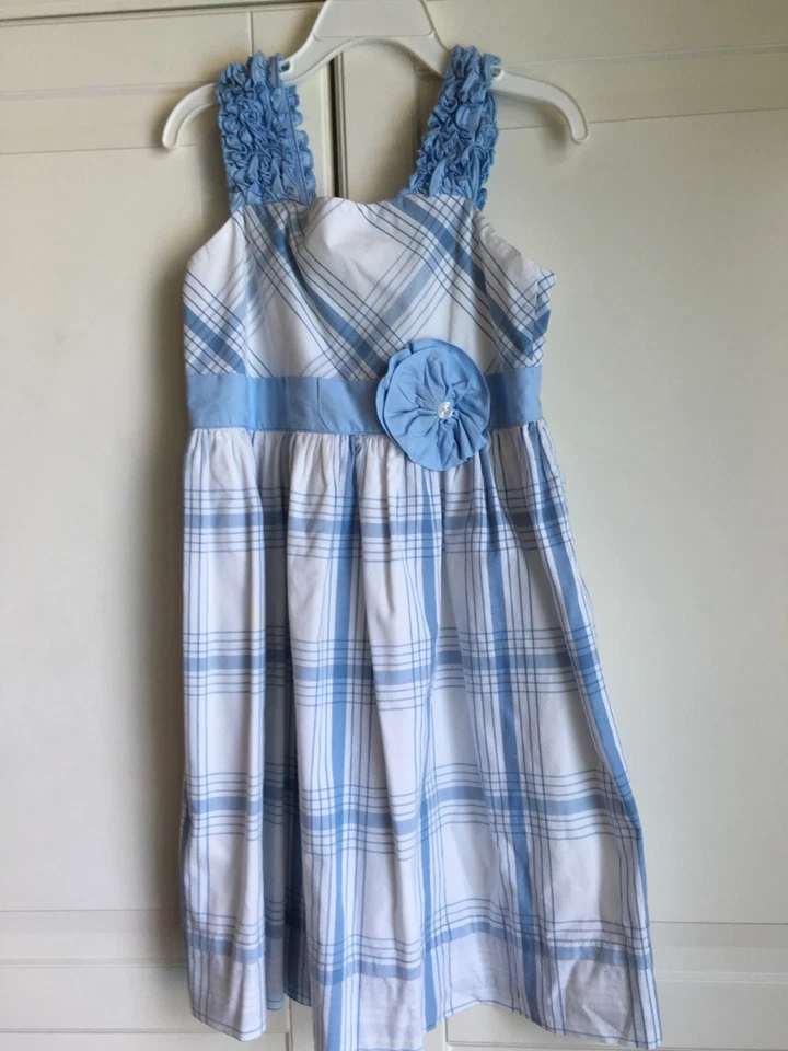 Hartstrings Size 6 Girls Blue and White Plaid Dress Ruffled Sleeve Cotton - Image 1 of 4