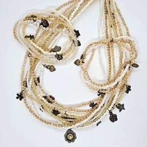 Multi Strand White Beige Neutral Bead Charms Choker Necklace Bracelets Set - Picture 1 of 19