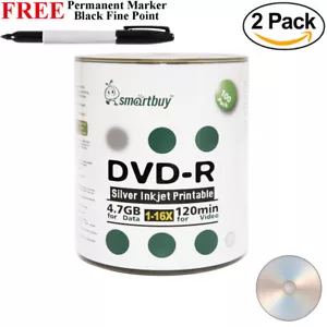 200 Smartbuy DVD-R 16X 4.7GB Silver Inkjet Printable Disc+Black Permanent Marker - Imagen 1 de 2
