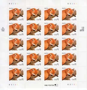 SC# 3036 - 1998 $1.00 Red Fox - Full Sheet of 20 - Mint Never Hinged ST3263 - Picture 1 of 4