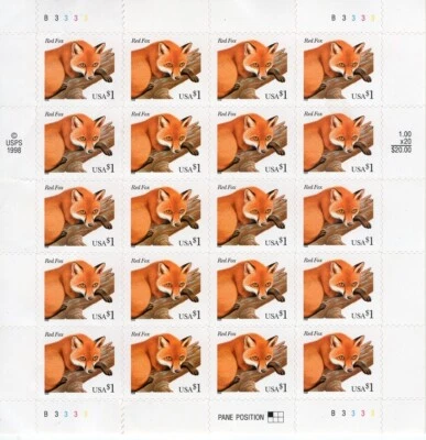 Scott #3036 Red Fox Full Sheet of 20 Stamps - MNH ST3263 - Image 1 of 4