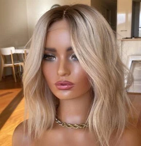 Brown Roots Short Dark Honey Blonde Lace Front Wigs 100% Human Hair for Women - Picture 1 of 7