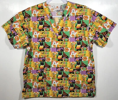 Blusa Médica Halloween Mujer Talla S Pequeña Gato Negro Fantasma Truco o Trato Calabazas Foto 1 de 4