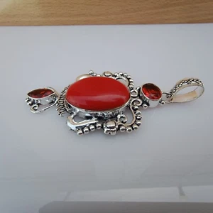 Lab Created Coral Pendant 925 Sterling Silver Large Necklace - Picture 1 of 3