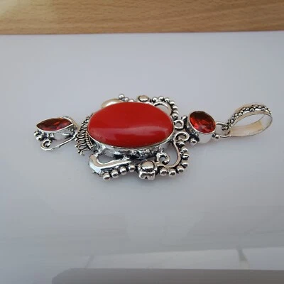 Lab Created Coral Pendant 925 Sterling Silver Large Necklace - Image 1 of 3
