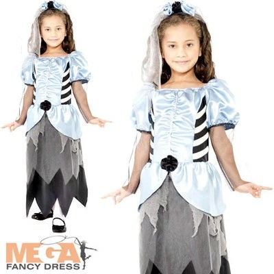 Gothic Zombie Bride Girls Fancy Dress Scary Undead Halloween Kids Costume Outfit - Image 1 of 4
