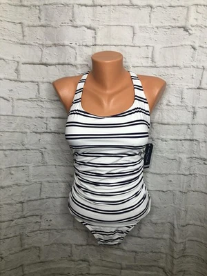 NWT! Nautica Women's One Piece Swimsuit, Size M NAVY WHITE STRIPE - Image 1 of 3