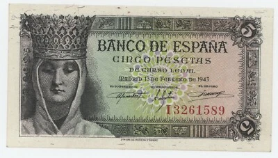 Spain España 5 Pesetas 13-2-1943 Pick 127.a XF+ Circulated Banknote - Image 1 of 2