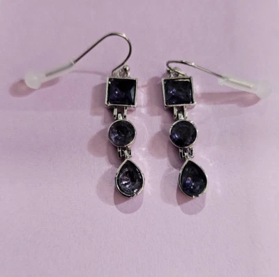 Purple Earrings Zircon Square Round Teardrop 3-Tier Dangle Stone Silver Jewelry - Image 1 of 3