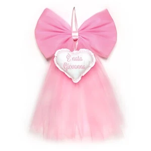 fiocco nascita bimba personalizzato in tulle rosa con ricamo nome ricamato - Foto 1 di 12