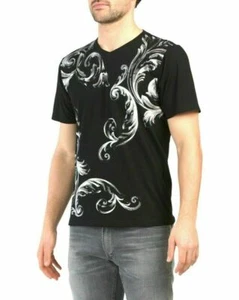 19V69 Italy V Neck Silver Glitter Paisley Graphic Blk T Shirt Small - Picture 1 of 4