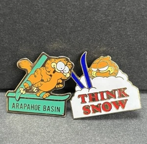 Vintage Garfield Ski Lapel Hat Pins Think Snow Arapahoe Basin Enamel Pins 2 Lot - Picture 1 of 9