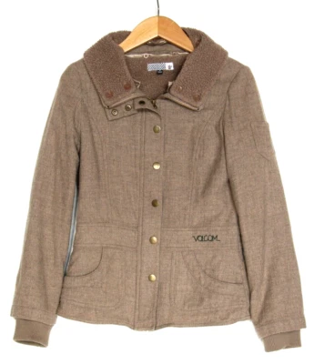 Volcom Woman's S Wool Blend Jacket Brown Faux Sherpa Lined Zip Snap Coat - Image 1 of 4