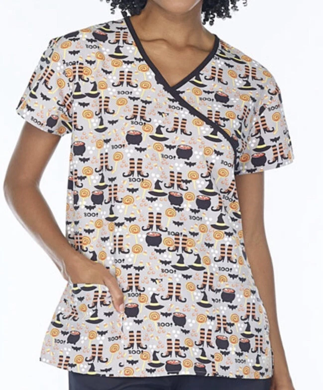 NWT Women's XS Halloween Witchy Boo Love Scrubs Scrub Top - Image 1 of 1