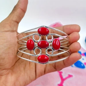 925 Sterling Silver Natural Red Coral Gemstone Handmade Jewelry Cuff Bracelet - Picture 1 of 4
