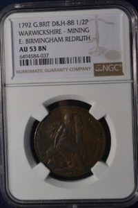 1792 Warwickshire 1/2 Penny Conder Token NGC AU 53 BN - Picture 1 of 2