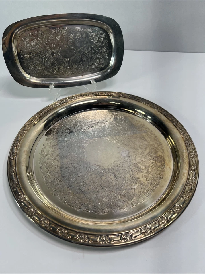 Lote de 2 bandejas plateadas-Oneida redondas y WM Rogers 733 rectangulares de colección para servir Foto 1 de 4