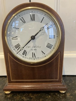 Mantel clock mahogany ARCHED Wooden  Black Roman Numerals Spade Hands Wm Widdop - Image 1 of 4