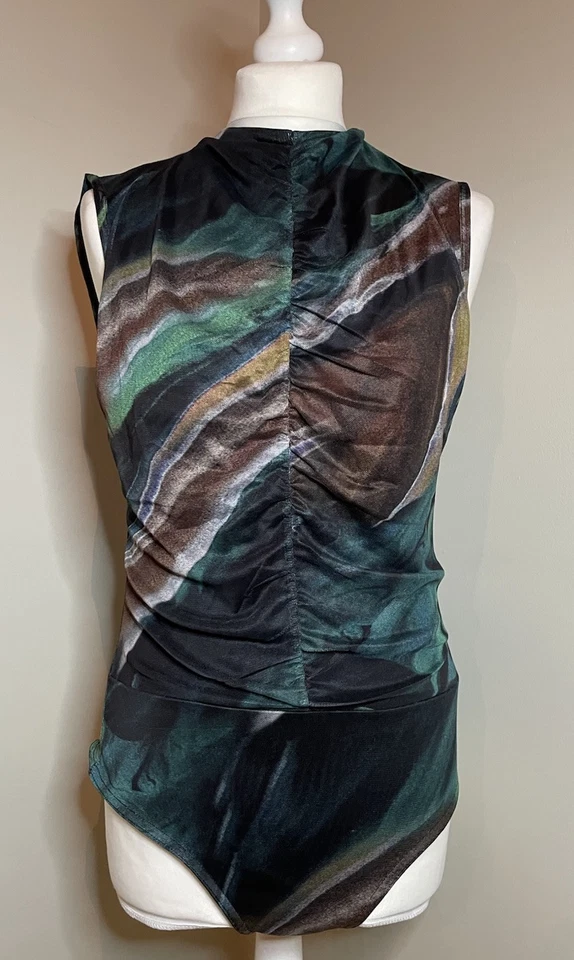 Pretty Little Thing, Mesh Body. Abstract Green Brown Pattern Size 12  Sheer Back - Image 1 of 4