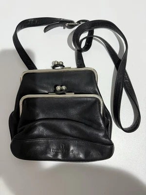Bolso de mano de cuero hecho a mano doble Kisslock Etienne Aigner de colección negro Y Foto 1 de 4